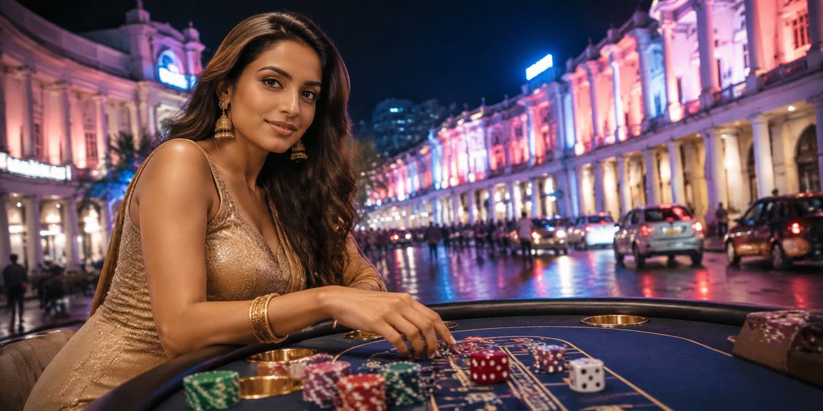 Andar Bahar game ambiance in a vibrant Delhi evening with neon lights