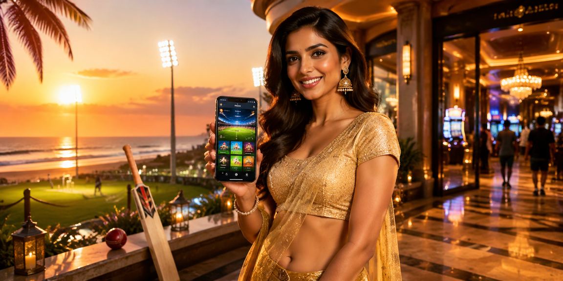 Vibrant beach scene with people enjoying cricket betting alongside mobile slots in Goa