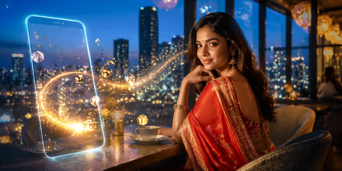 Indian player celebrating a cashback bonus while playing slots in a festive environment