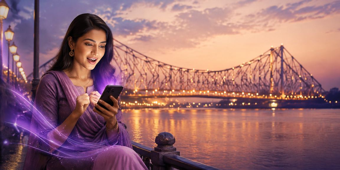 Young Indian woman using mobile phone to play slots and make payments near Kolkata's iconic Howrah Bridge